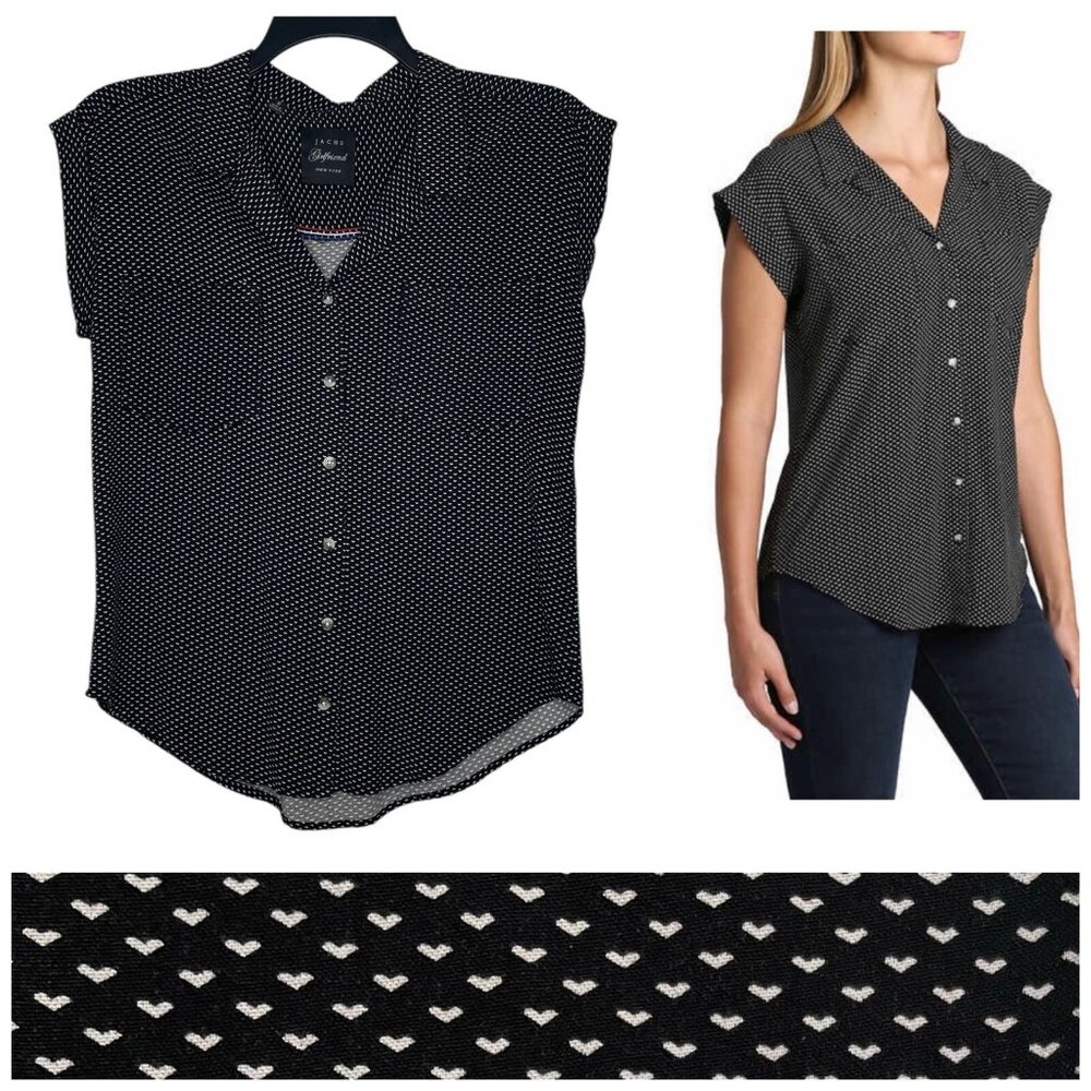 Jachs Girlfriend Blouse Small Heart Print Button Front Cap Sleeve Womens